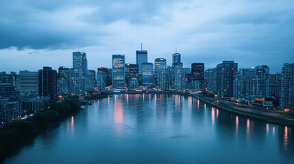 Obraz premium A city skyline is reflected in the water of a river