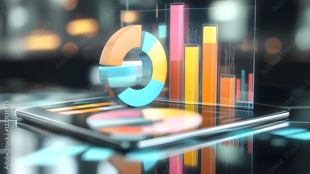 Poster Visually Striking 3D Business Analytics Representation with Digital Tablet Displaying Multicolored Pie and Bar Charts