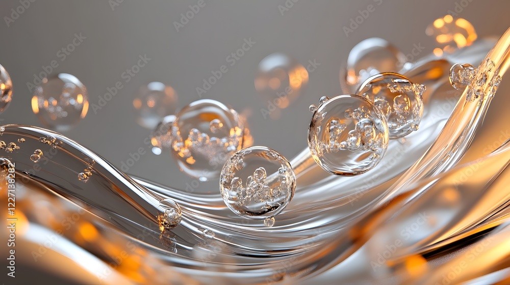 Poster a large wave with many small, clear spheres floating on top of it. the spheres are of various sizes 