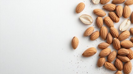 Scattered almonds on white background, copy space, food photography, healthy snack