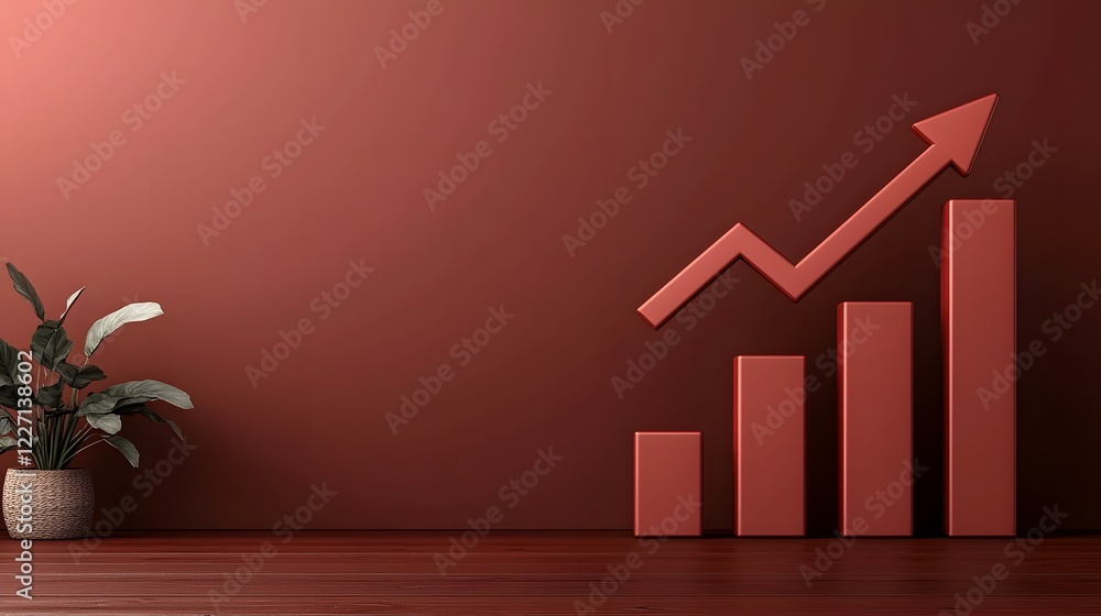 Poster Vibrant 3D bar chart with an upward arrow symbolizing financial growth and business success set against a clean and minimalistic background with soft shadows  Representing data analytics