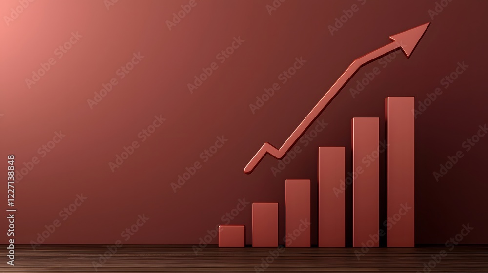 Poster 3D financial analytics representation featuring glossy bar graphs in vibrant colors and an ascending arrow emphasizing business expansion profitability and economic growth on a clean