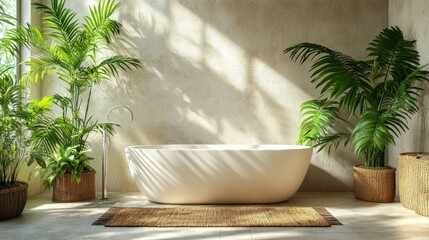 Sunlit bathroom, tropical plants, bathtub, relaxation