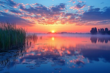 Obraz premium At dawn, in Mondfeld, Wertheim, Baden-Wurttemberg, Germany, the pastel hues of the sky are reflected on the mist-covered lake