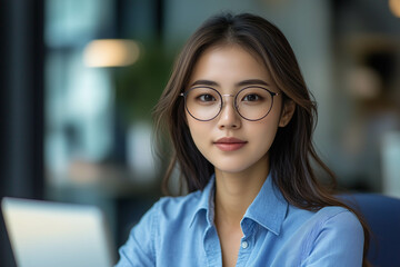  Portrait of a beautiful young Asian business woman manager in a blue shirt and glasses