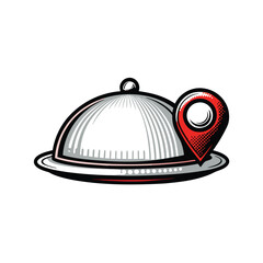 Obraz premium Design a minimalist icon a cloche (restaurant cover) overlaid with a GPS pin, symbolizing location-based food delivery service.