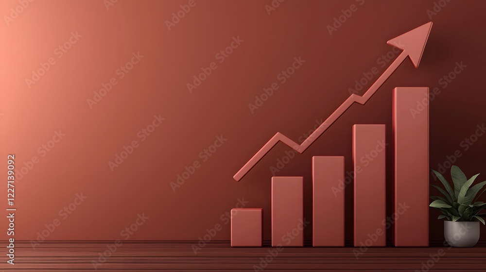 Poster Futuristic and Professional 3D Bar Graph Visualization Featuring a Rising Arrow Symbol Representing Successful Investment Economic Growth and Market Expansion on a Minimalistic and Modern Backdrop