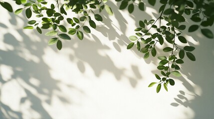 Sunlight casts leafy shadows on a wall; nature background for design