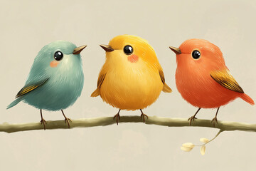 Design of three different hand drawn little birds with cute stick figures and beady eyes. Cartoon Birds Birthday Card	
