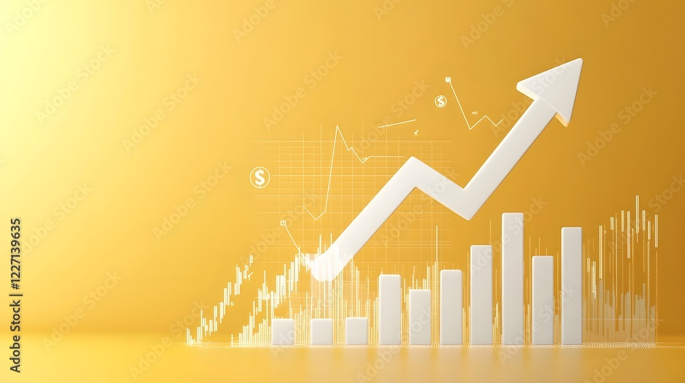 Poster Bright yellow background with a sleek white upward arrow and abstract financial data charts subtly embedded representing a clean and modern business success concept  This image showcases growth