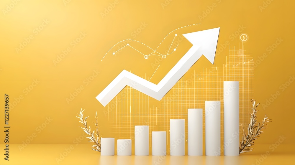 Poster Visually engaging financial progress featuring a white rising arrow on a bold yellow background with integrated abstract data charts bar graphs and other financial data visualizations