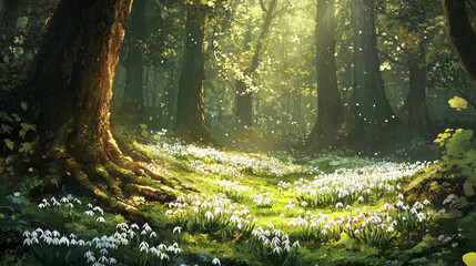 Fresh green clearing in a tranquil forest illuminated by soft sunlight with blooming snowdrop flowers. Generative AI
