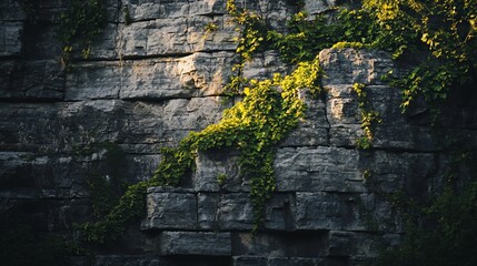 Sunlit stone wall, ivy climbing, park background, nature texture