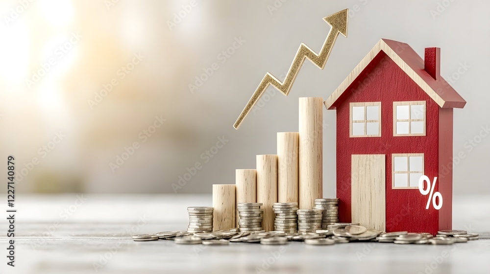 Poster 3D rendering of a financial concept featuring a red house model with wooden bars increasing in height accompanied by a gold upward arrow and a percent symbol