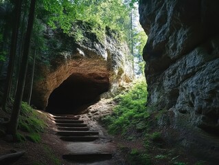 Obraz premium Mysterious Cave Entrance with Wooden Steps in a Forest Clearing Illuminated by Sunlight
