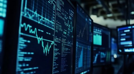 Multiple computer screens displaying financial charts and data analysis in a dark environment
