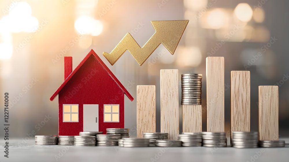 Poster conceptual image showing a bright golden arrow rising over a red house model wooden bar graphs repre