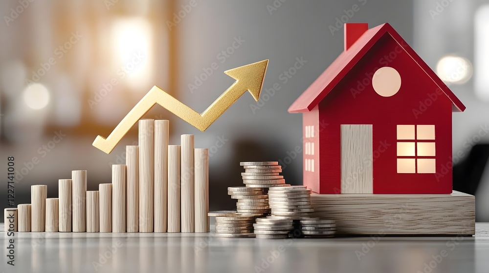 Aufkleber conceptual real estate investment visualization with a glowing gold arrow pointing upward over a red
