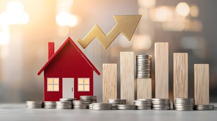 Conceptual image showing a bright golden arrow rising over a red house model wooden bar graphs representing the expansion of the real estate market and soft golden sunlight illuminating the scene