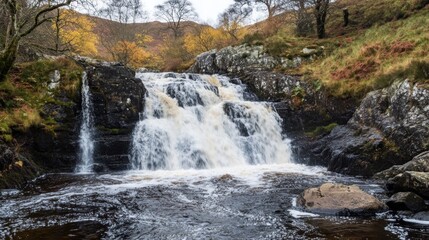 Naklejka premium A cascading waterfall flows over rocks in a forest with autumn colors and a cloudy sky