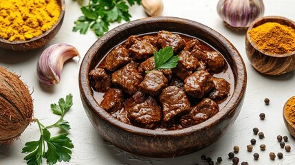 Fototapeta premium Beef stew in a bowl, with spices on white. Could be for food blog recipe