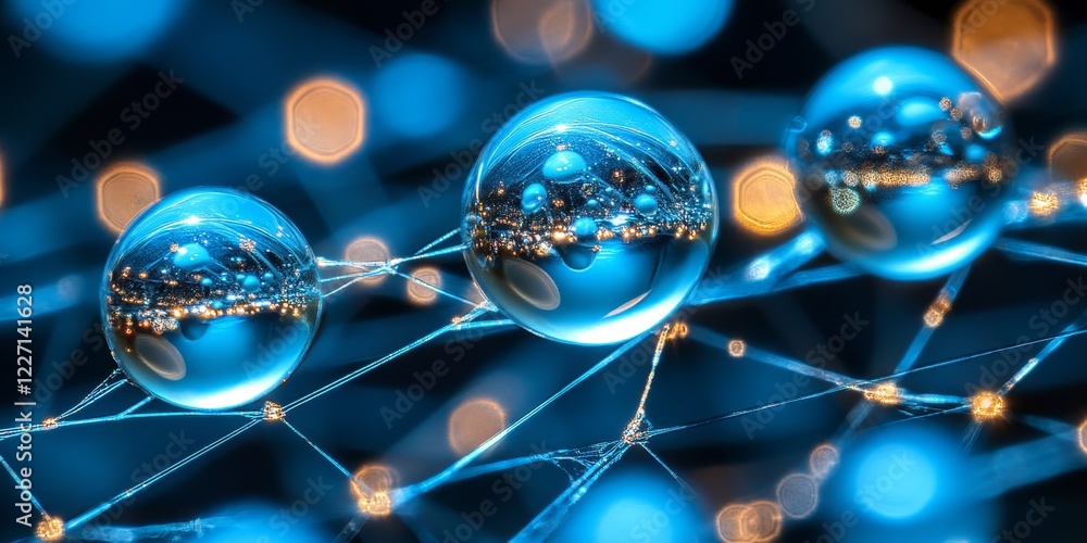 Poster abstract background with network and connected spheres on a glass blue surface with reflection