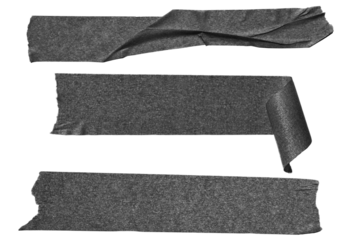 Black adhesive tape paper. wrinkle matte masking tape sticker, Torn pieces adhesive tape set on transparent background . Template mock up for for labels, text. realistic design element, isolated PNG