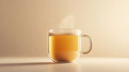 Steaming herbal tea in glass mug, beige background, warm light, beverage