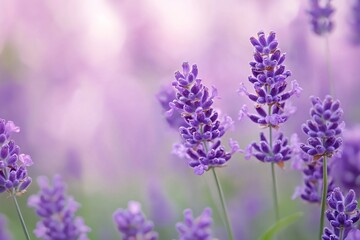 Obraz premium Close-up of vibrant lavender flowers in a serene field, softly blurred background creating a tranquil atmosphere