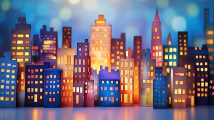 Illuminated paper city skyline at night, bokeh background, urban design