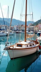 Fototapeta premium Small sailboat tied to a mooring in a bustling harbor, nautical, boat, moored
