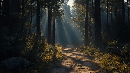 Obraz premium Sunbeams illuminate forest path, morning mist, trees, nature, peaceful background, game design
