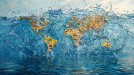 World map emerges from swirling waves symbolizing global environmental changes and the power of nature impacting our planet
