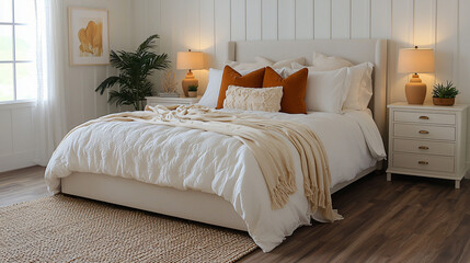 A beautifully designed white bedroom with natural wood flooring, featuring a large comfortable bed, bedside tables adorned with warm-toned lamps.