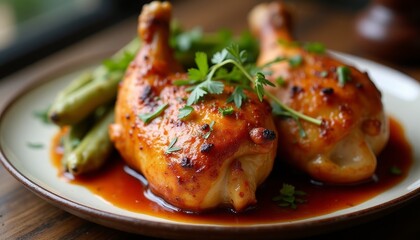 Baked chicken legs, covered with golden crust and sprinkled with fresh herbs on white plate. Delicious homemade lunch or dinner, cooking recipes. Menu