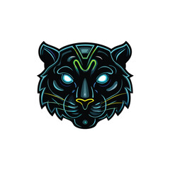 Create a detailed digital painting of a panther's head, incorporating cyberpunk elements like glowing neon lines, intricate circuitry, and metallic textures.  The eyes should glow intensely.