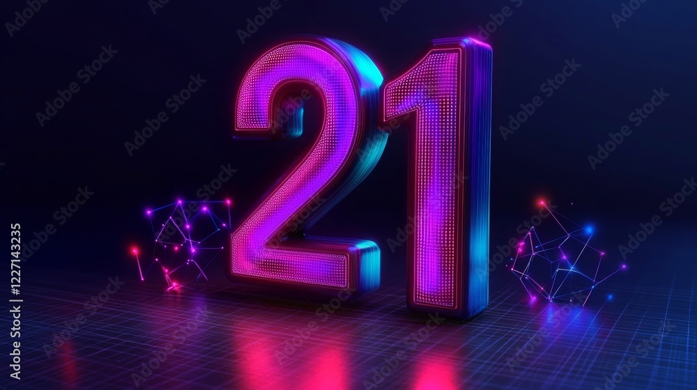 Poster glowing digital 3d number 21 on a futuristic background with neon lights and network connections