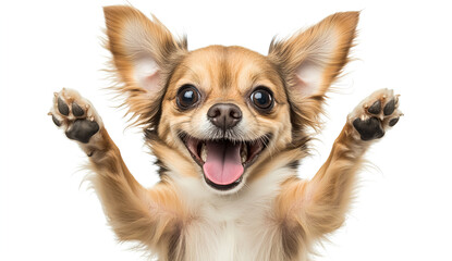A cute, happy brown Chihuahua with long hair jumping, against a white background, in a photorealistic style. 