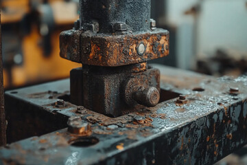 Close-up of a rusty industrial machine component in a workshop, highlighting wear and tear