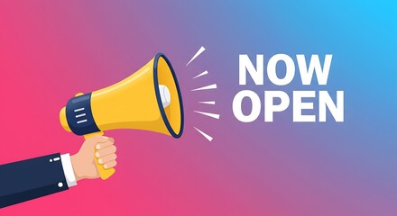 Hand Holding Megaphone With Now Open Banner
