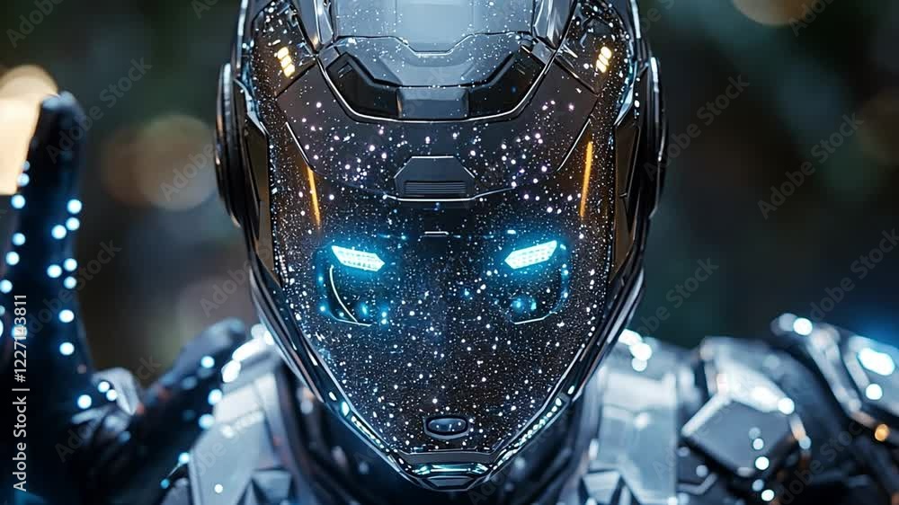Poster a futuristic robot with a starry helmet showcases advanced tech in a vibrant scene