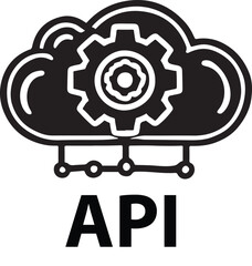 Silhouette icon of a cloud with an API symbol, representing cloud computing, software integration, and data connectivity. Clean vector EPS for tech designs.