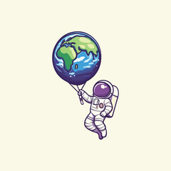 Cute astronaut floating with earth world balloon Cartoon Vector Icon Illustration