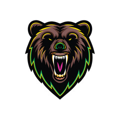 Render a ferocious bear's head, teeth sharply defined with vibrant neon accents, conveying intense rage.