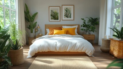 Sunlit bedroom, plants, cozy bed, wooden furniture, calm interior design