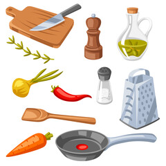 Set of kitchen utensils. Cooking tools for home and recipe items.