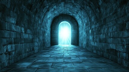 Mysterious Blue Tunnel Leading to Bright Light at the End of Passage