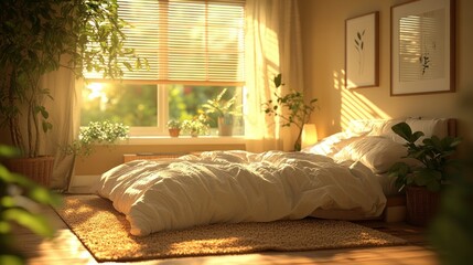 Sunlit bedroom, plants, morning calm, cozy interior, home decor