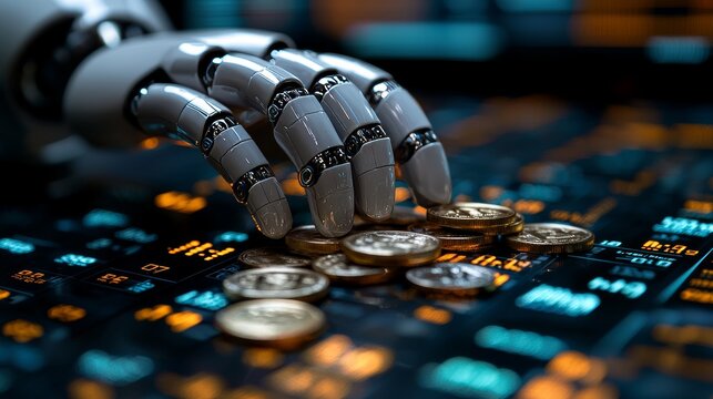 AI(Stock) and Financial Technology in action, with a robotic hand stacking coins and dissecting the stock market