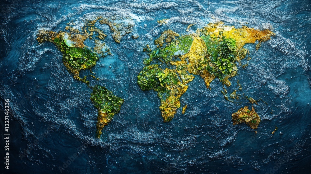 Poster textured world map with greenery and blue ocean depths an artistic interpretation of planet earth sh